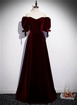 Picture of Wine Red Color Velvet Floor Length Short Sleeves Party Dresses, A-line Wine Red Color Bridesmaid Dresses